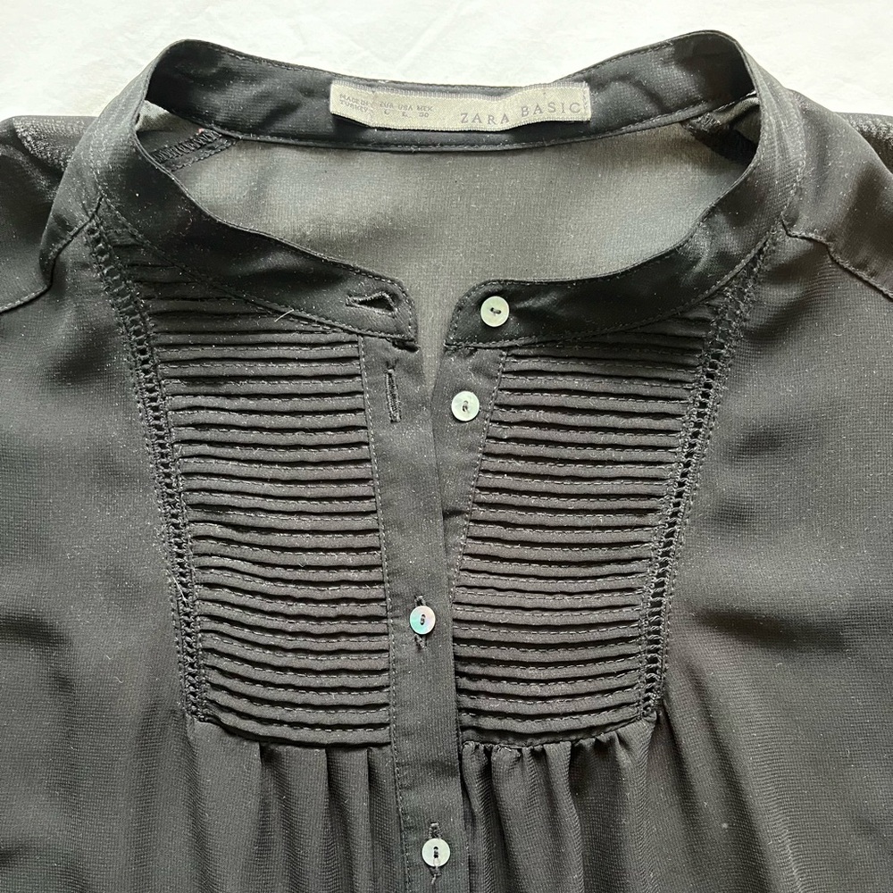 Zara Basic Mandarin Collar Long Sleeve Black Sheer Blouse (L)